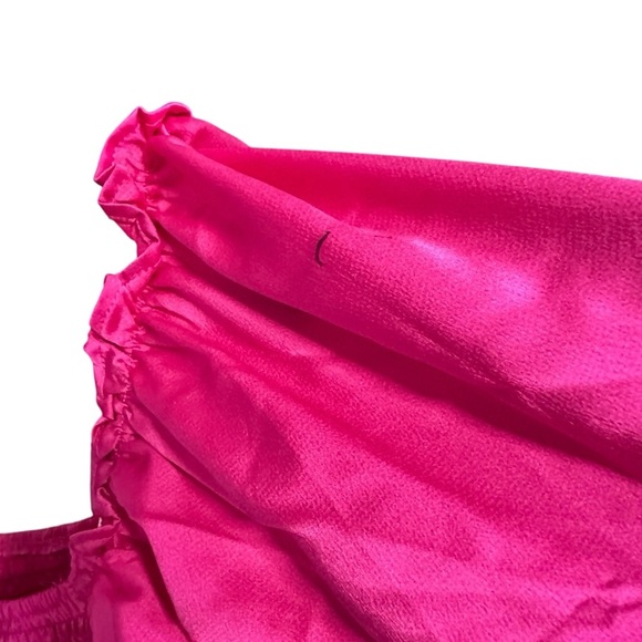 NSR Smocked Fuchsia Pink Party Dress Midi M Puff Sleeves Slit Satiny 3592 READ - Picture 9 of 13